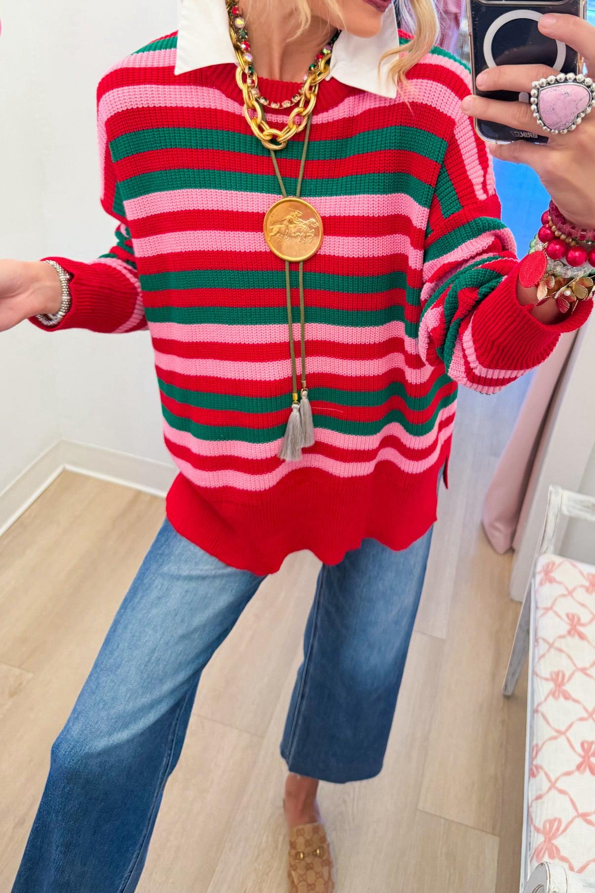 Pink, Red and Green Stripe Knit Sweater