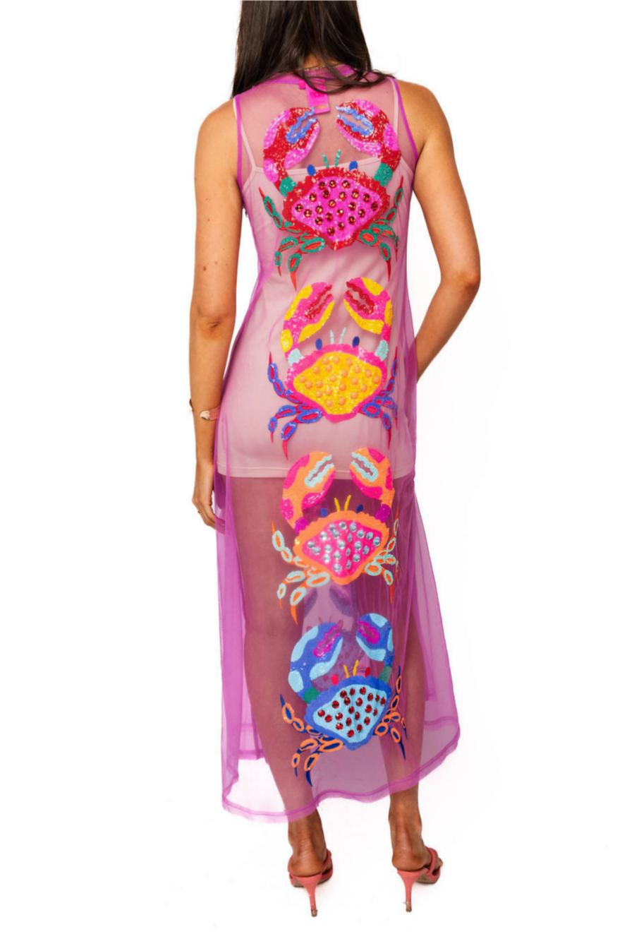 Purple Sheer Multi Crab Coverup Midi Dress