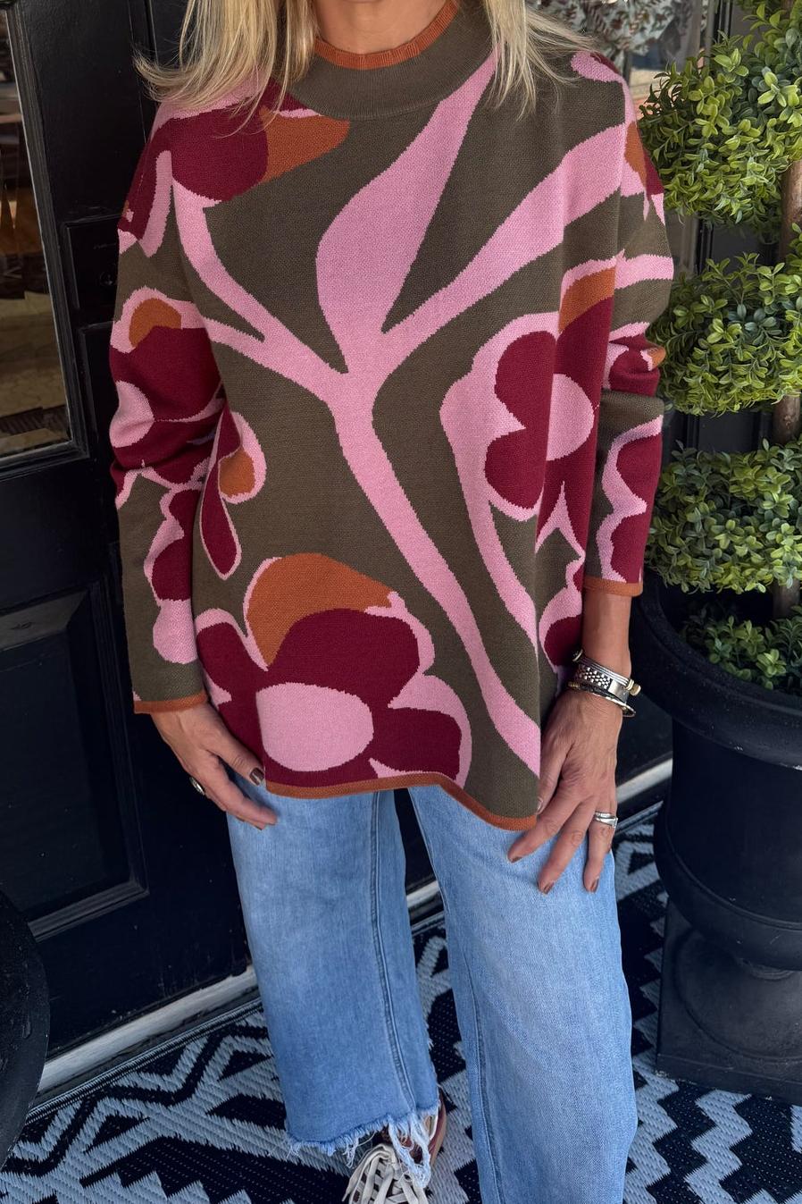 Women's Retro Floral Print Crew Neck Long Sleeve Knit Sweater