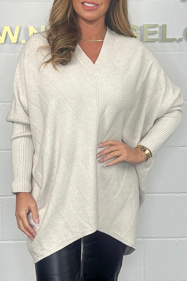 Ribbed Diagonal Stripe V Neck High Low Jumper