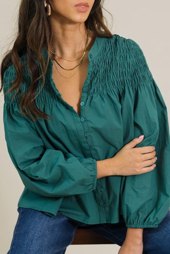 Women's Smocked Detail Relaxed Fit Long Sleeve Blouse