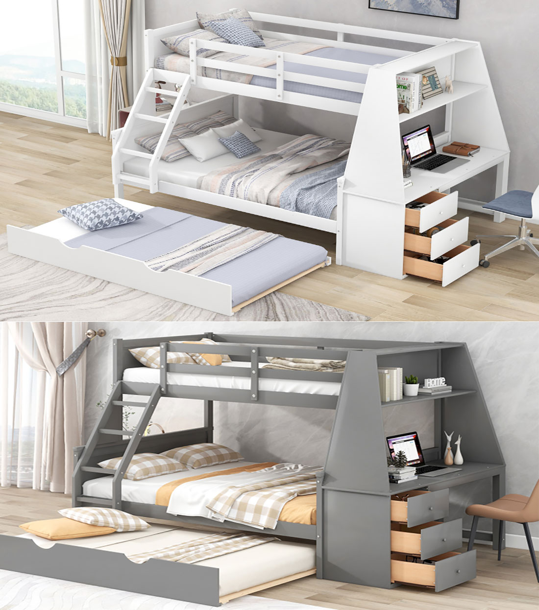 Twin over Full Bunk Bed with Trundle and Built-in Desk, Three Storage