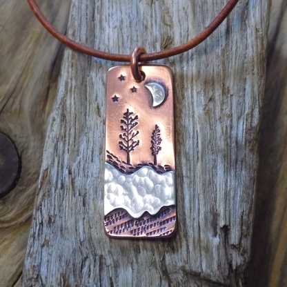 Copper Tone Boho Square Pendant Moon Forest Pattern Necklace