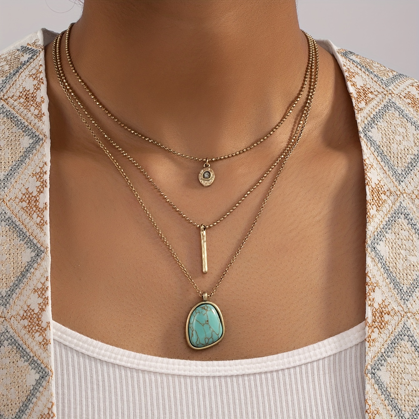 Vintage Boho Turquoise Three Layer Necklace 