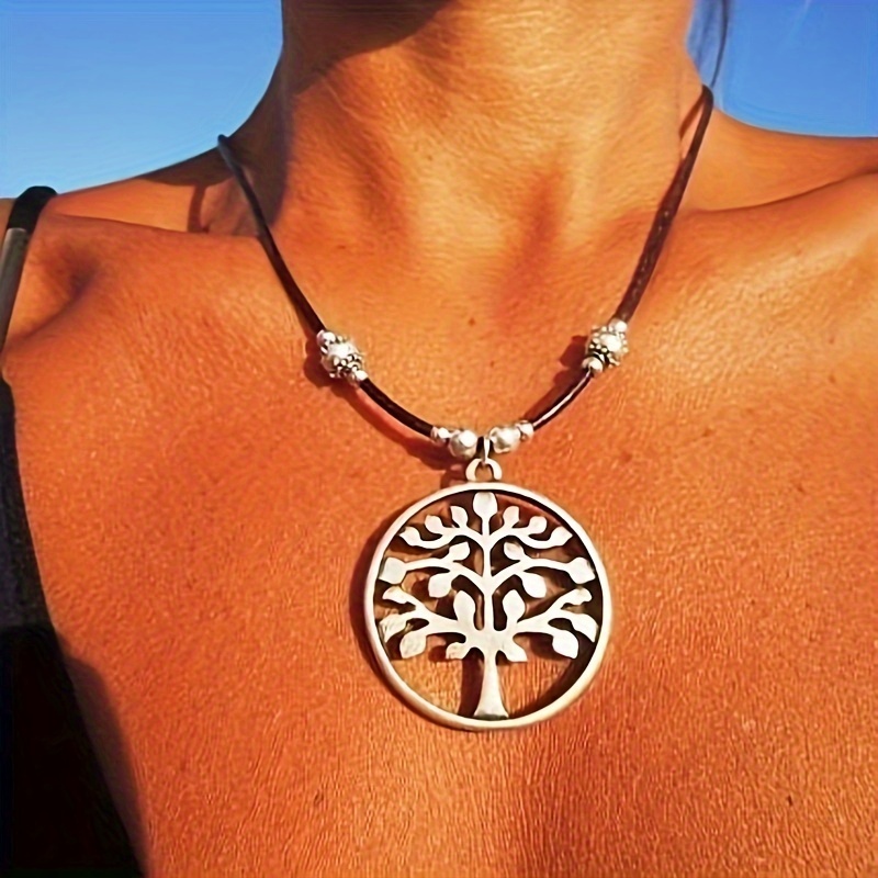 Creative Round Hollow Tree Pendant Rope Necklace