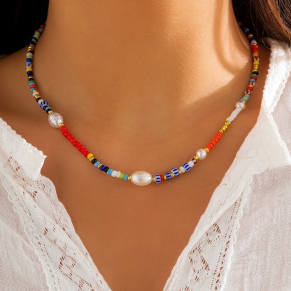 Boho Vintage Faux Pearl Multicolor Beaded Necklace Replica