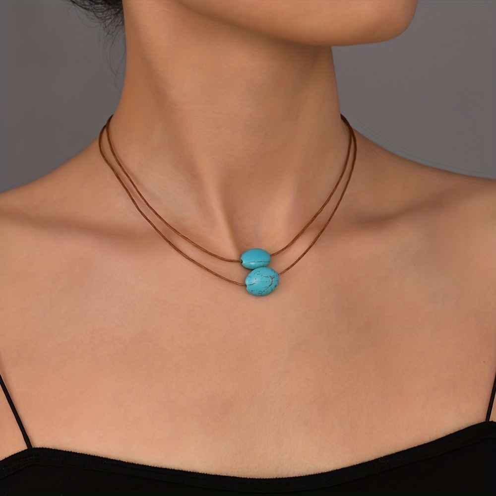 Vintage Geometric Oval Turquoise Pendant Necklace