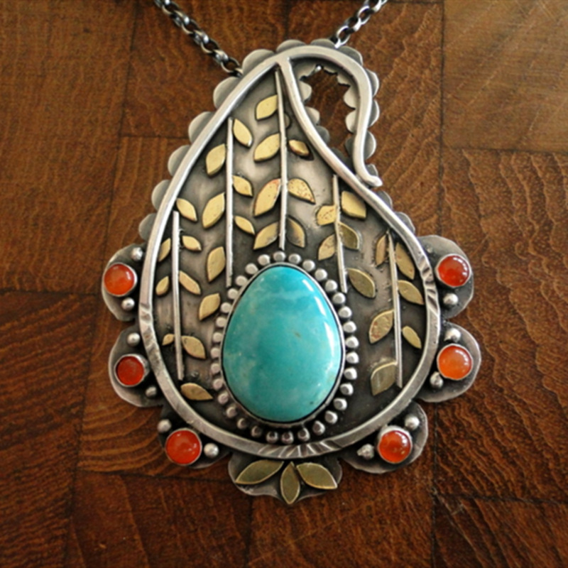 Vintage Bohemian Leaf Botanical Turquoise Gemstone Necklace