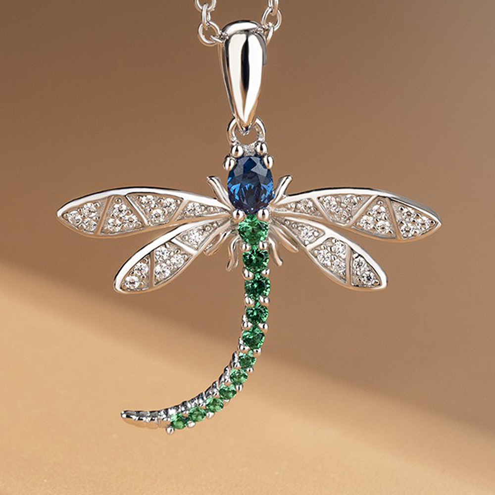 Fashionable Zircon Gemstone Cute and Versatile Long Dragonfly Pendant Necklace