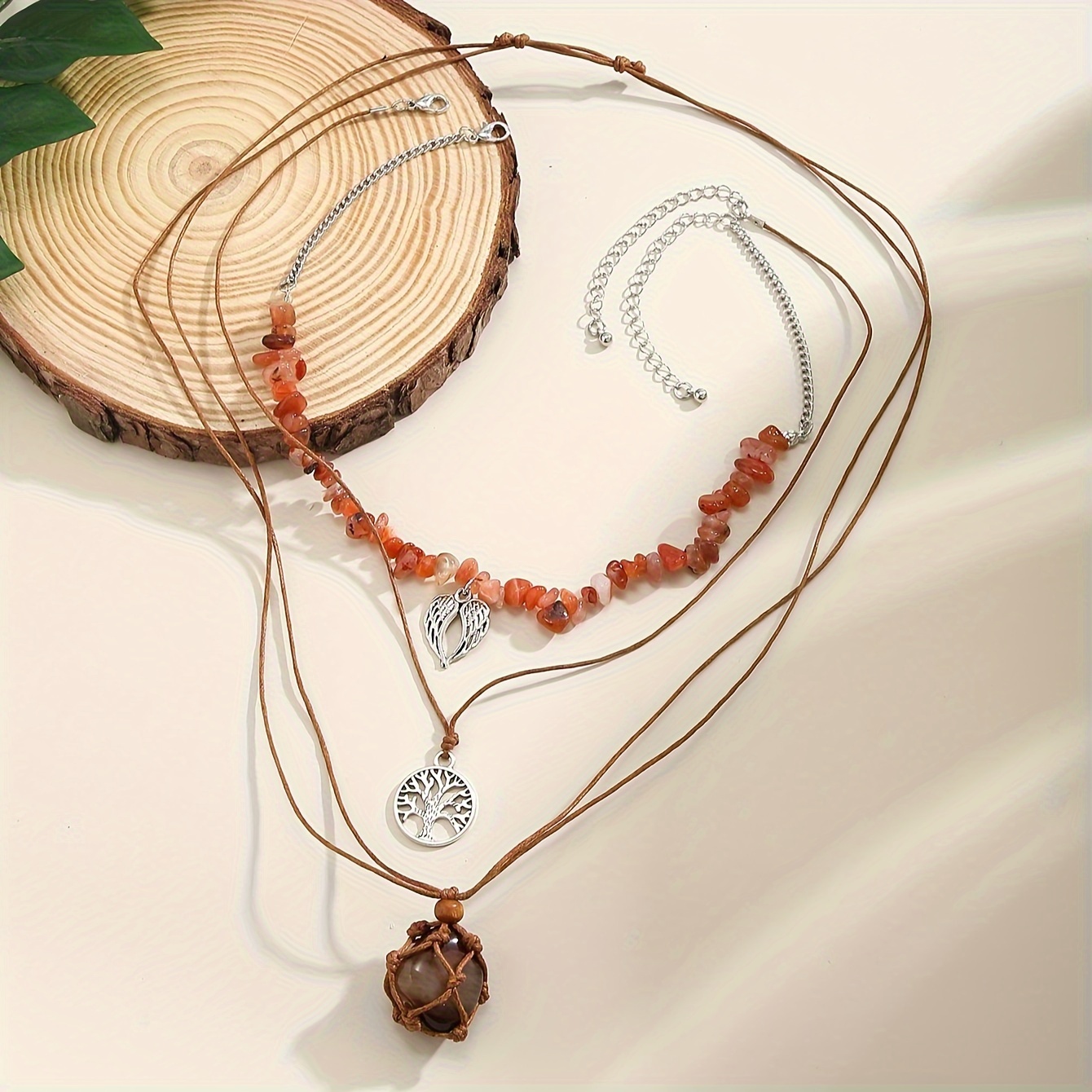 3pcs/set Handmade Irregular Stone Adjustable Necklace (Stone Pendant Size Color Random)