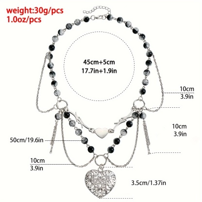 Double Layer Beaded Tassel Exaggerated Love Heart Pendant Necklace