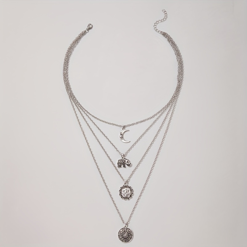 Multilayer Elephant Moon Pendant Long Necklace Five-layer Set Necklace