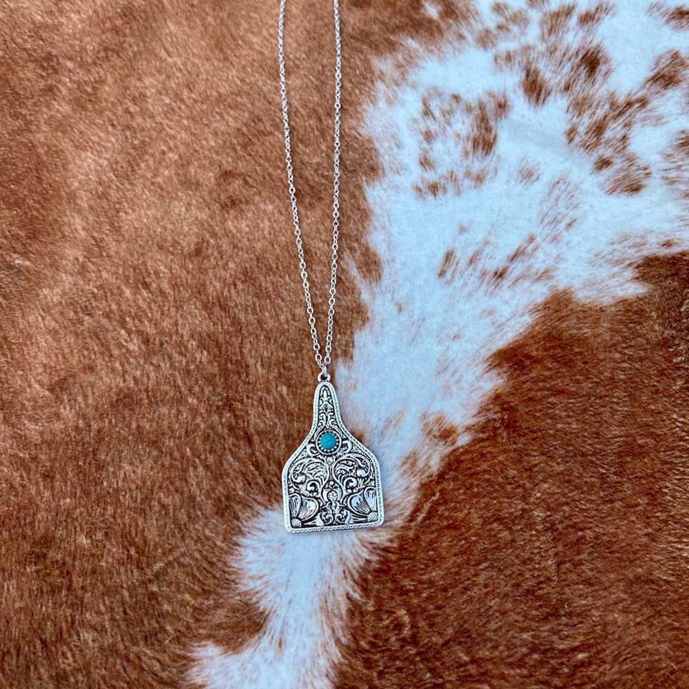 Geometric Vintage Engraved Turquoise Pendant Necklace
