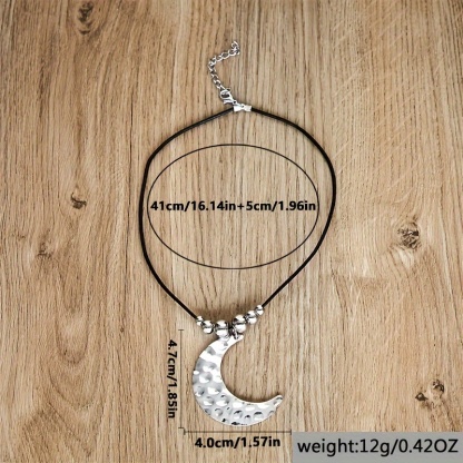 Silvery Boho Moon Shape Pendant Leather Rope Necklace