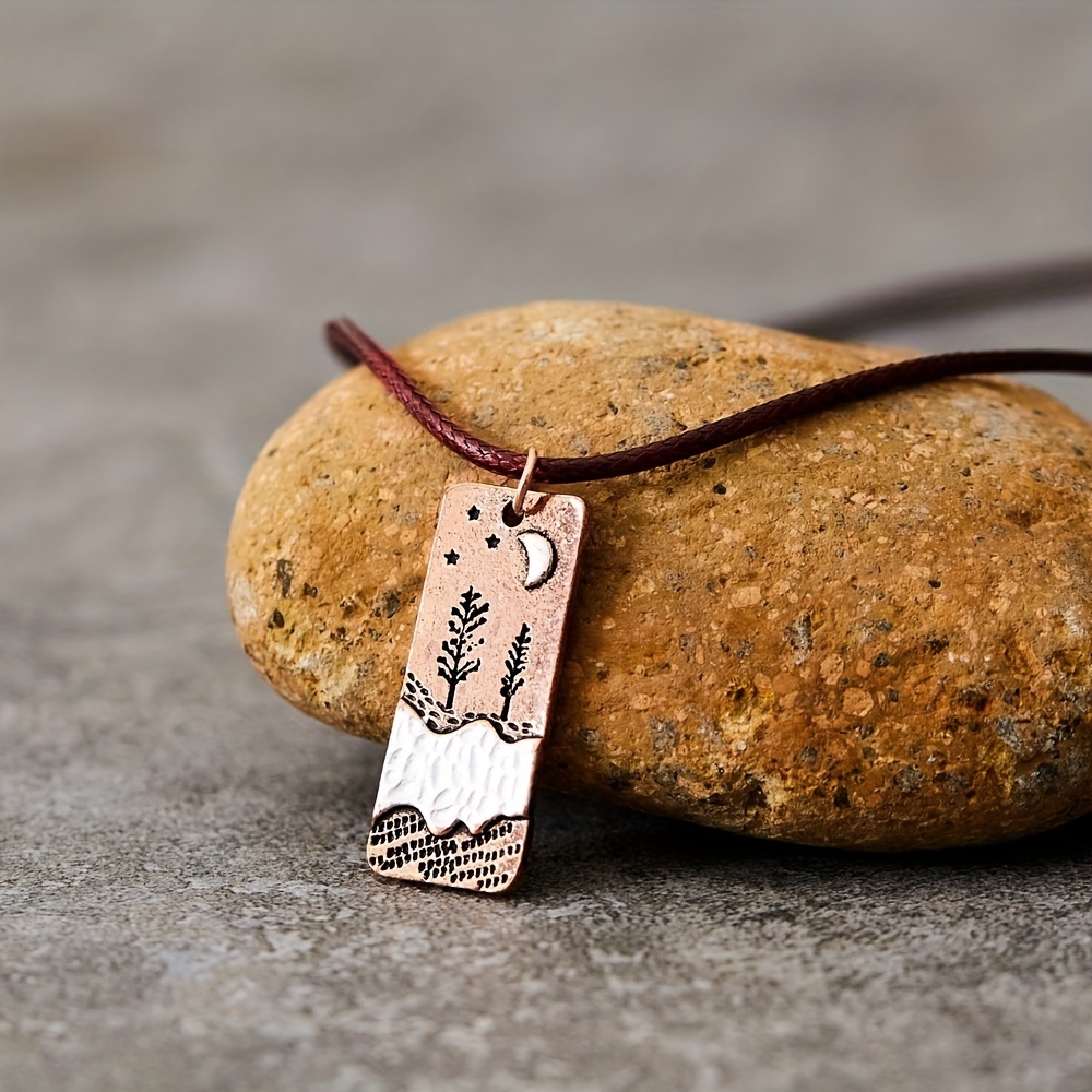 Copper Tone Boho Square Pendant Moon Forest Pattern Necklace