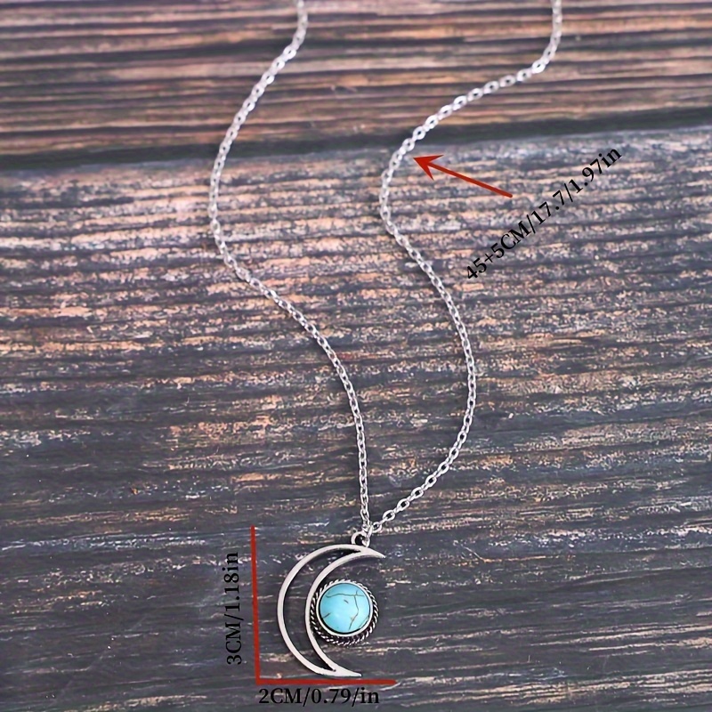Boho Moon Turquoise Pendant Necklace Silver Plated Neck