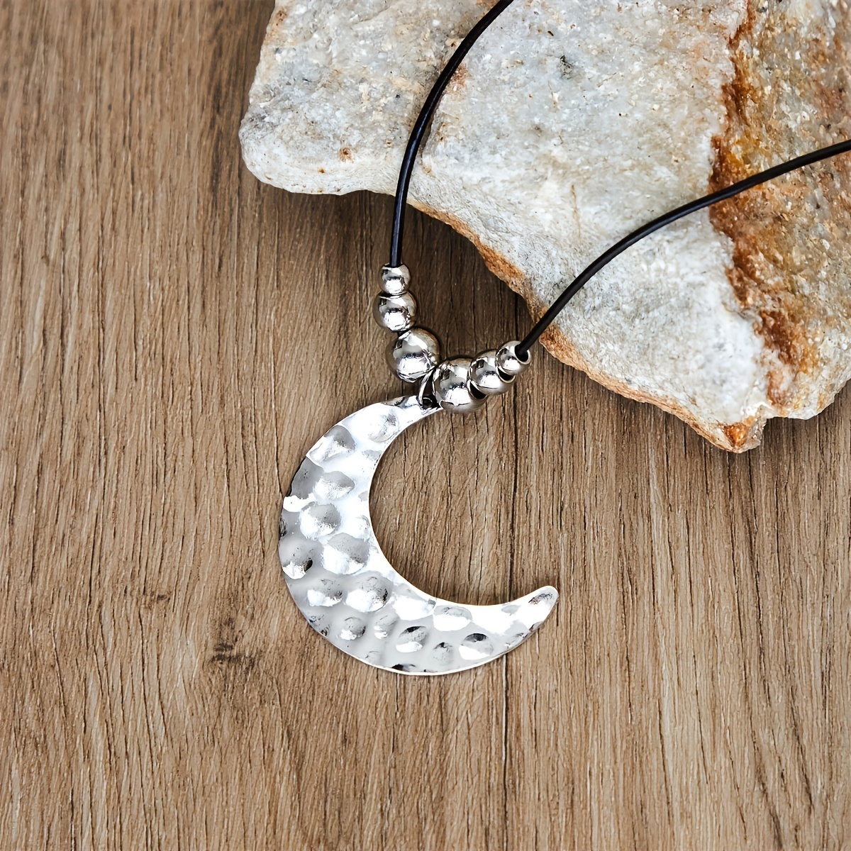 Silvery Boho Moon Shape Pendant Leather Rope Necklace