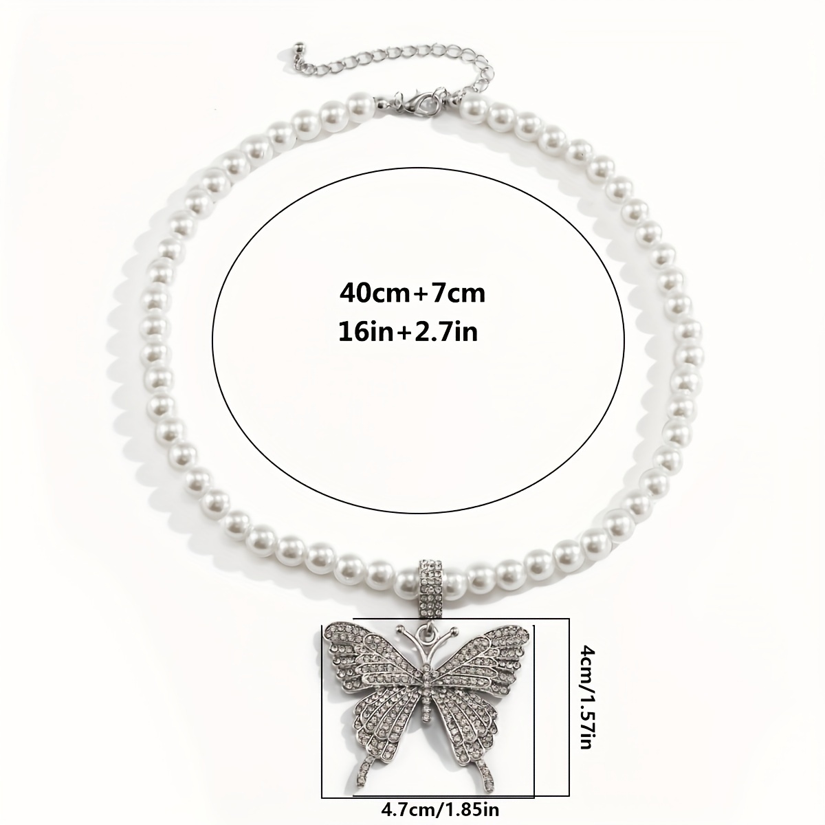 Rhinestone butterfly pendant pearl beaded necklace