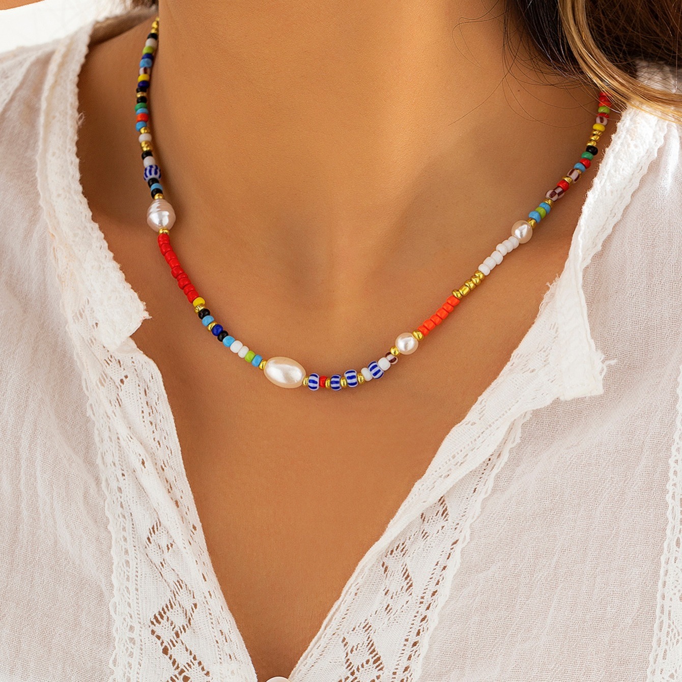 Boho Vintage Faux Pearl Multicolor Beaded Necklace Replica
