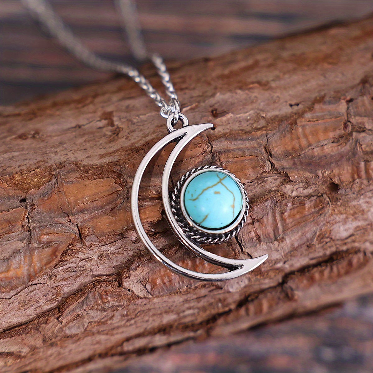 Boho Moon Turquoise Pendant Necklace Silver Plated Neck