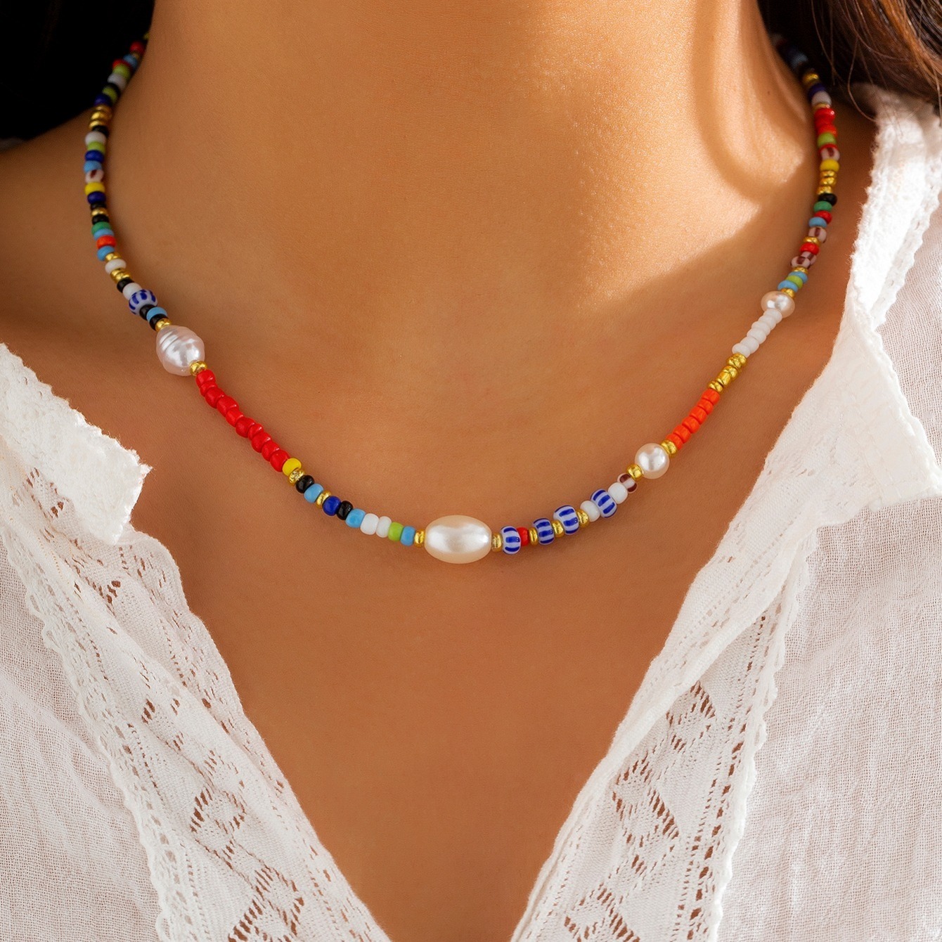 Boho Vintage Faux Pearl Multicolor Beaded Necklace Replica