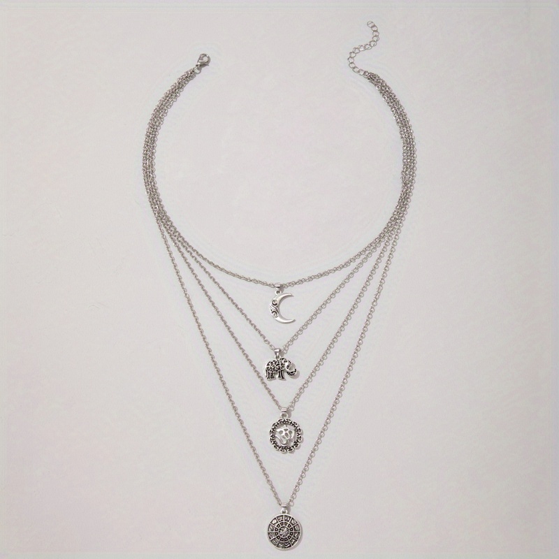 Multilayer Elephant Moon Pendant Long Necklace Five-layer Set Necklace
