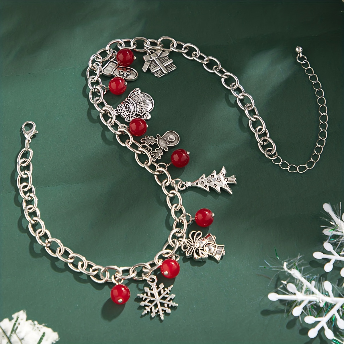 Retro Christmas Red Beads Snowflake Deer Christmas Decoration Chain Pendant Necklace