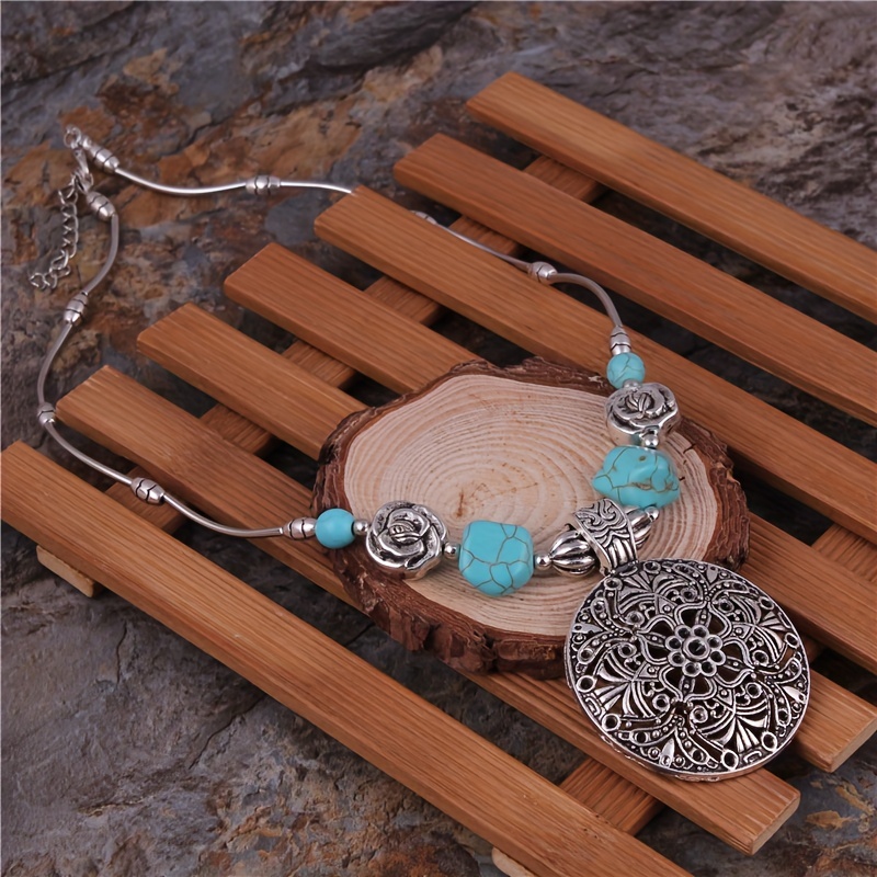 Vintage Bohemian 925 Silver Plated Natural Turquoise Necklace 