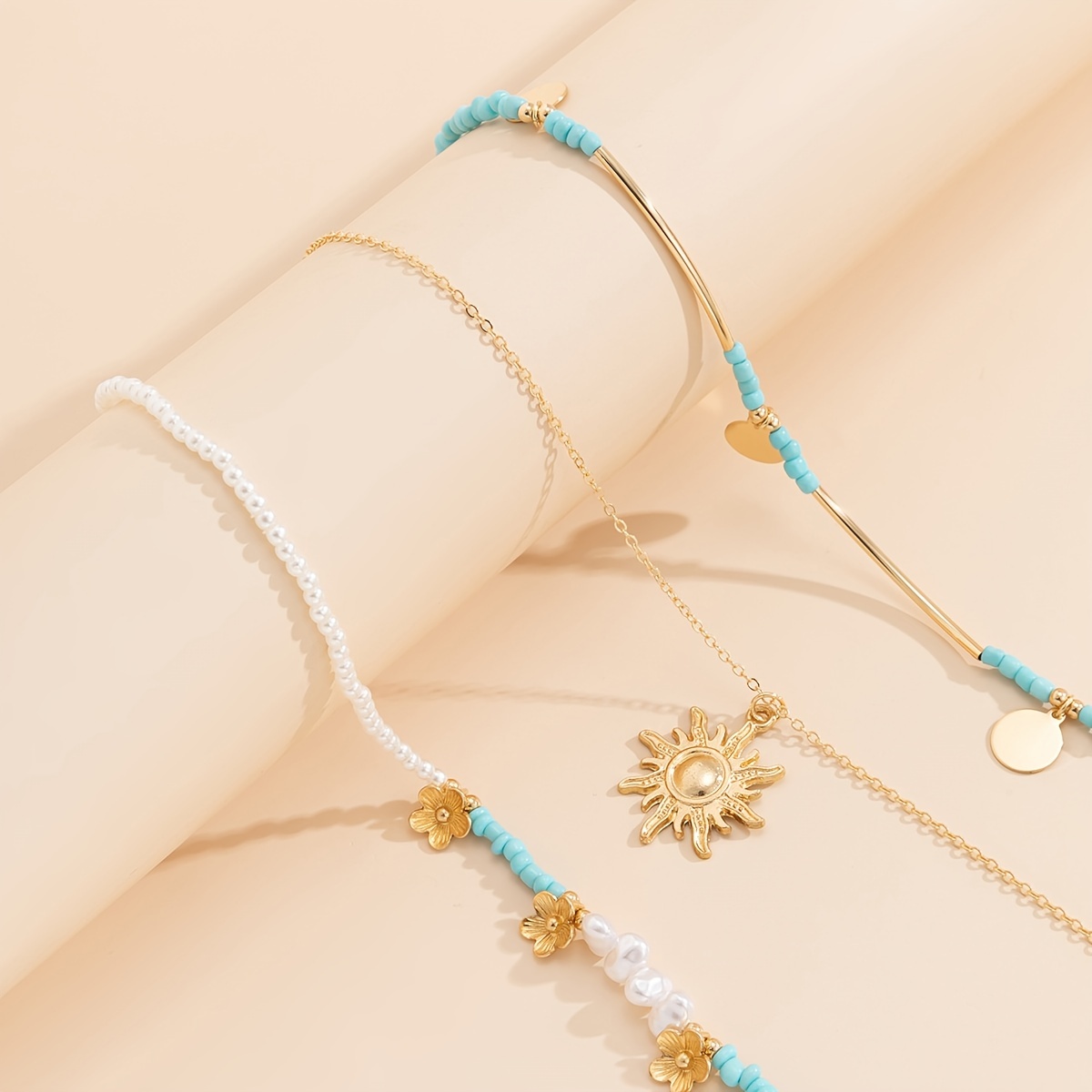 Boho Celestial Sun Flower Beaded 3pcs Necklace Set 