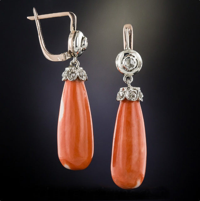 Bohemian Antique Coral Drop Diamond Earrings-canovaniajewelry