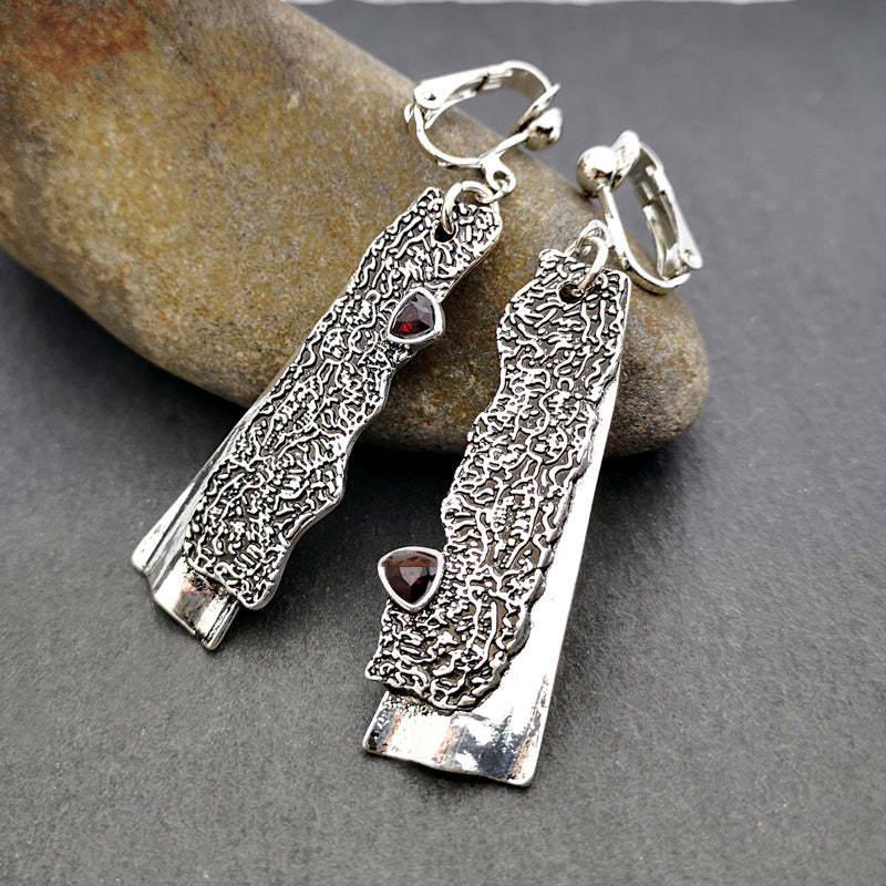 Creative Ancient Tree Thai Silver Clip Earrings Retro Inlaid Ruby Earrings-canovaniajewelry
