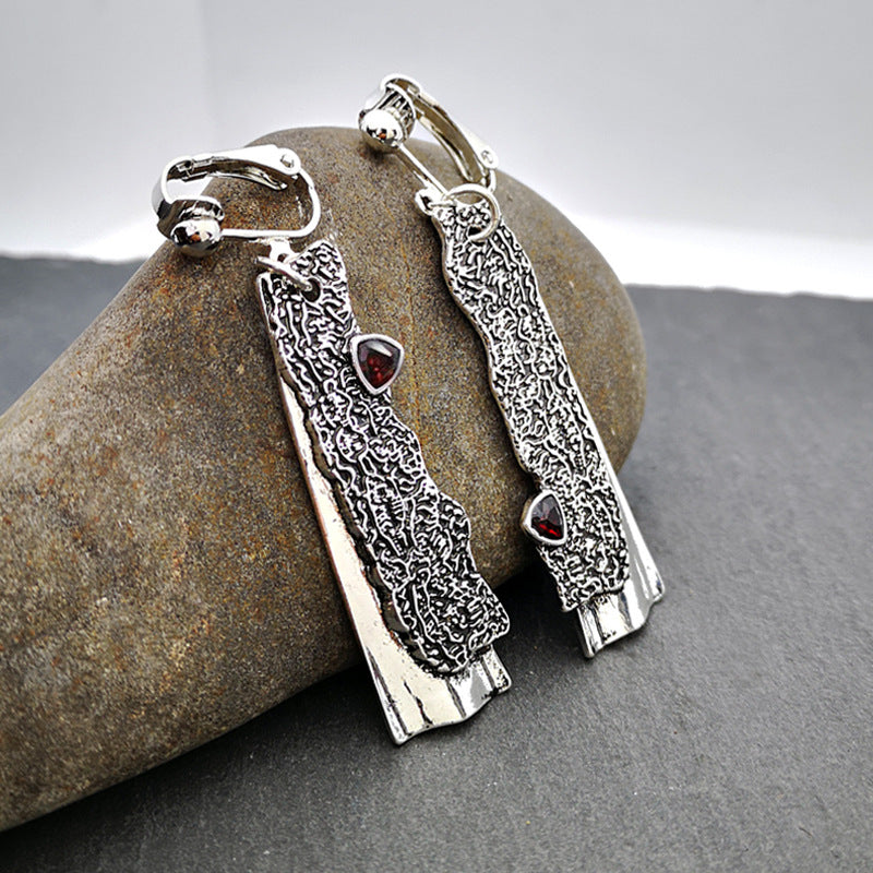 Creative Ancient Tree Thai Silver Clip Earrings Retro Inlaid Ruby Earrings-canovaniajewelry