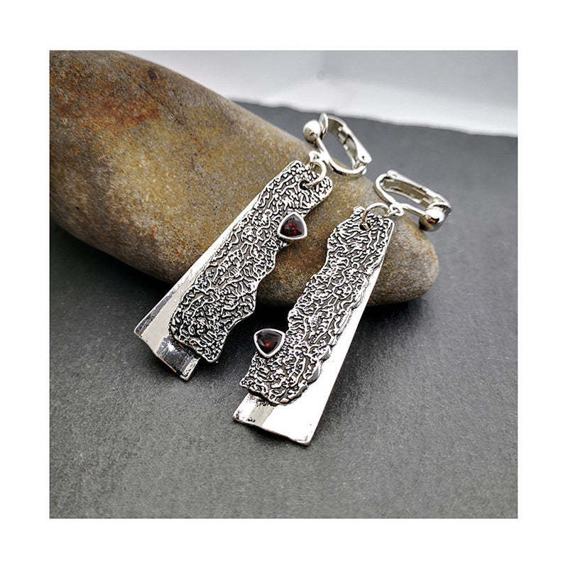 Creative Ancient Tree Thai Silver Clip Earrings Retro Inlaid Ruby Earrings-canovaniajewelry