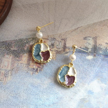 Irregular color block oil painting style freshwater pearl earrings-canovaniajewelry