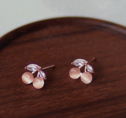 Cherry shaped zircon glass opal stud earrings-canovaniajewelry