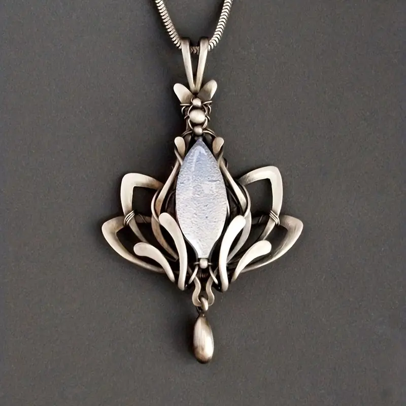 Bohemian Style Lotus Inlaid Gemstone Pendant Necklace