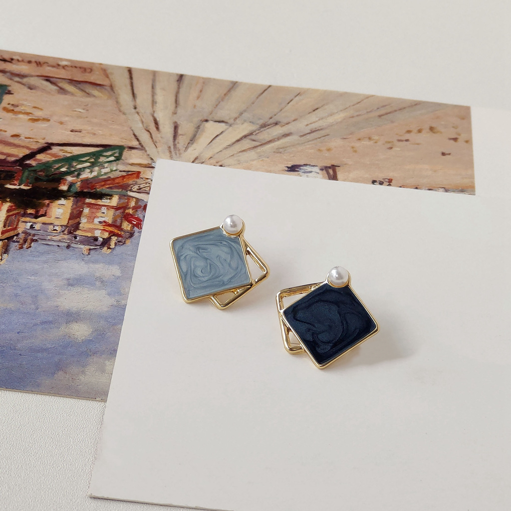 Blue Simple Asymmetrical Square Oil Drop Earrings-canovaniajewelry