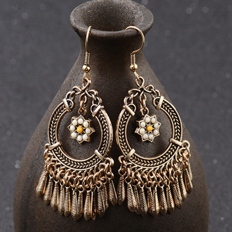Creative rice beads flower alloy leaf tassel earrings-canovaniajewelry