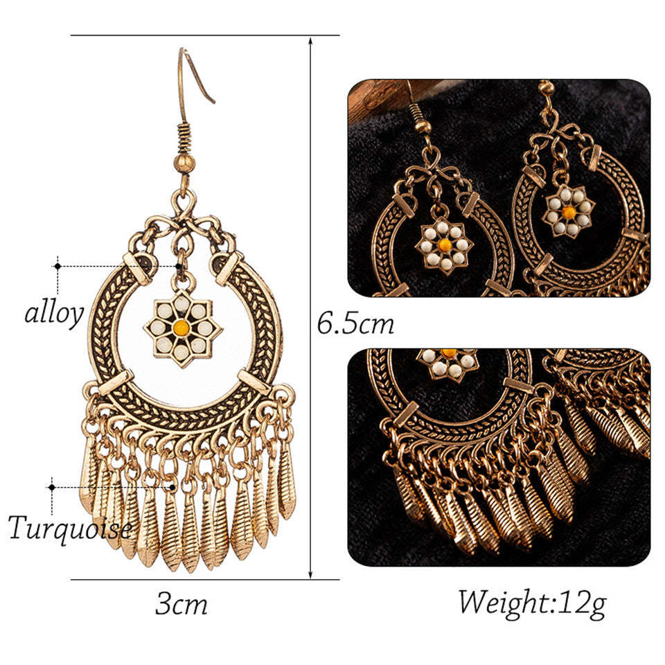 Creative rice beads flower alloy leaf tassel earrings-canovaniajewelry