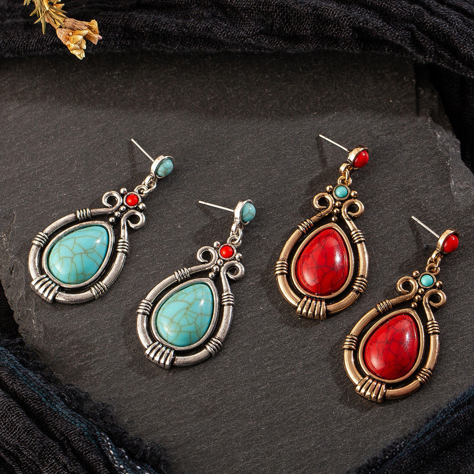 Vintage blue and red turquoise geometric oval earrings-canovaniajewelry