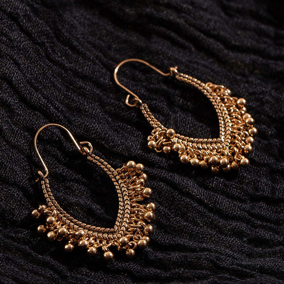 Bohemian style retro hollow oval alloy drop tassel bell earrings-canovaniajewelry