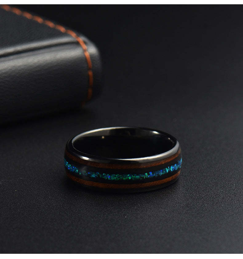 Tungsten Steel Inlaid Double Wood Opal Ring-canovaniajewelry
