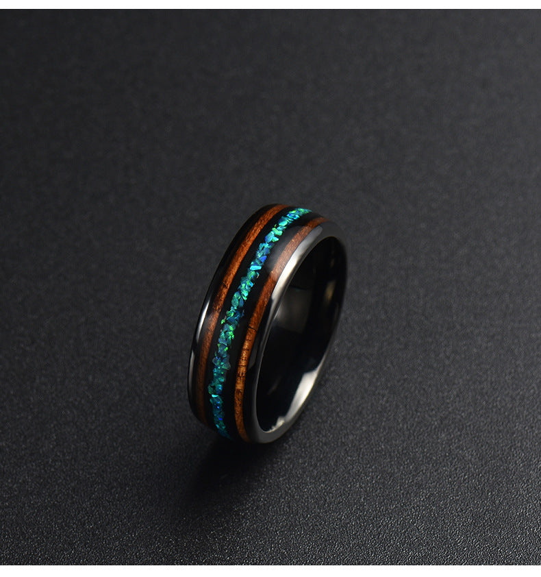 Tungsten Steel Inlaid Double Wood Opal Ring-canovaniajewelry