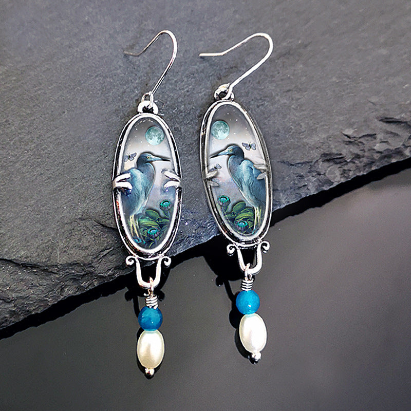 Creative new palace retro bird flower Blue Heron earrings-canovaniajewelry