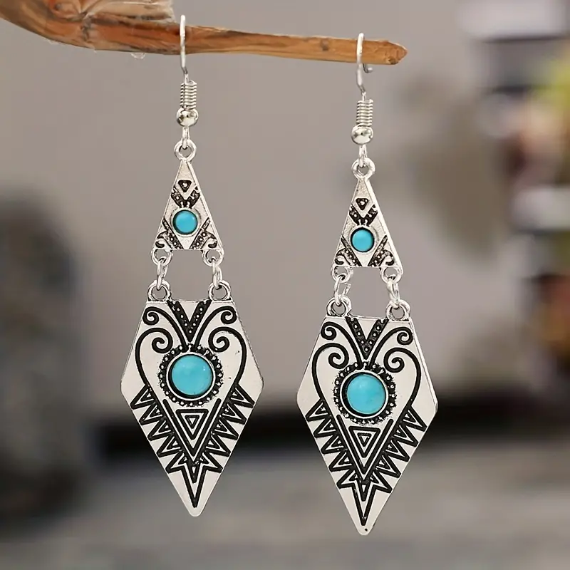 Vintage diamond carved pattern turquoise inlaid dangling earrings