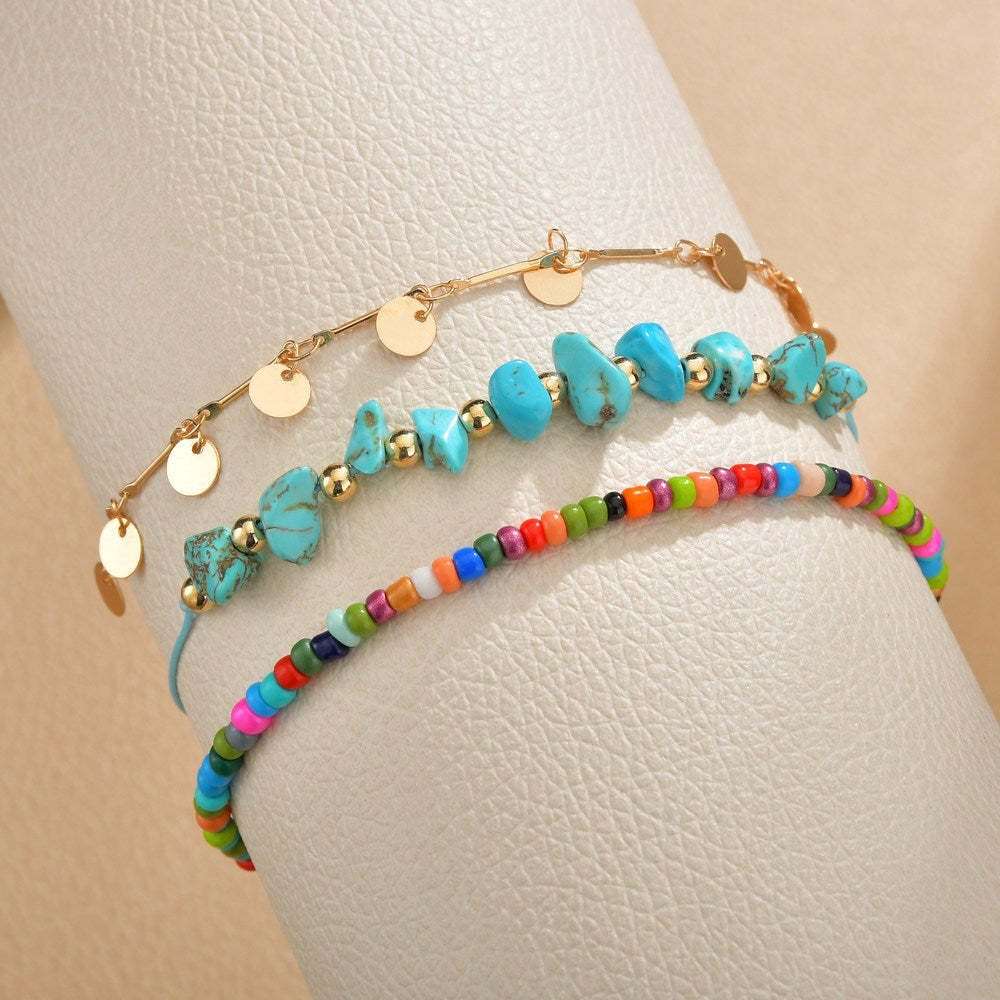 Bohemian colored rice beads metal disc pendant turquoise anklet-canovaniajewelry