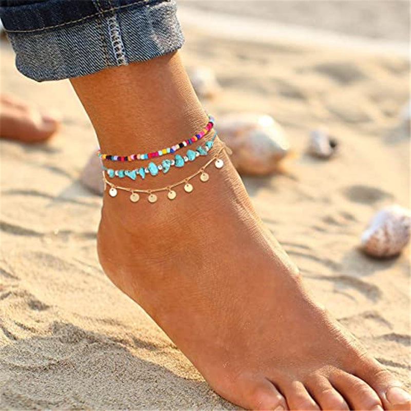 Bohemian colored rice beads metal disc pendant turquoise anklet-canovaniajewelry