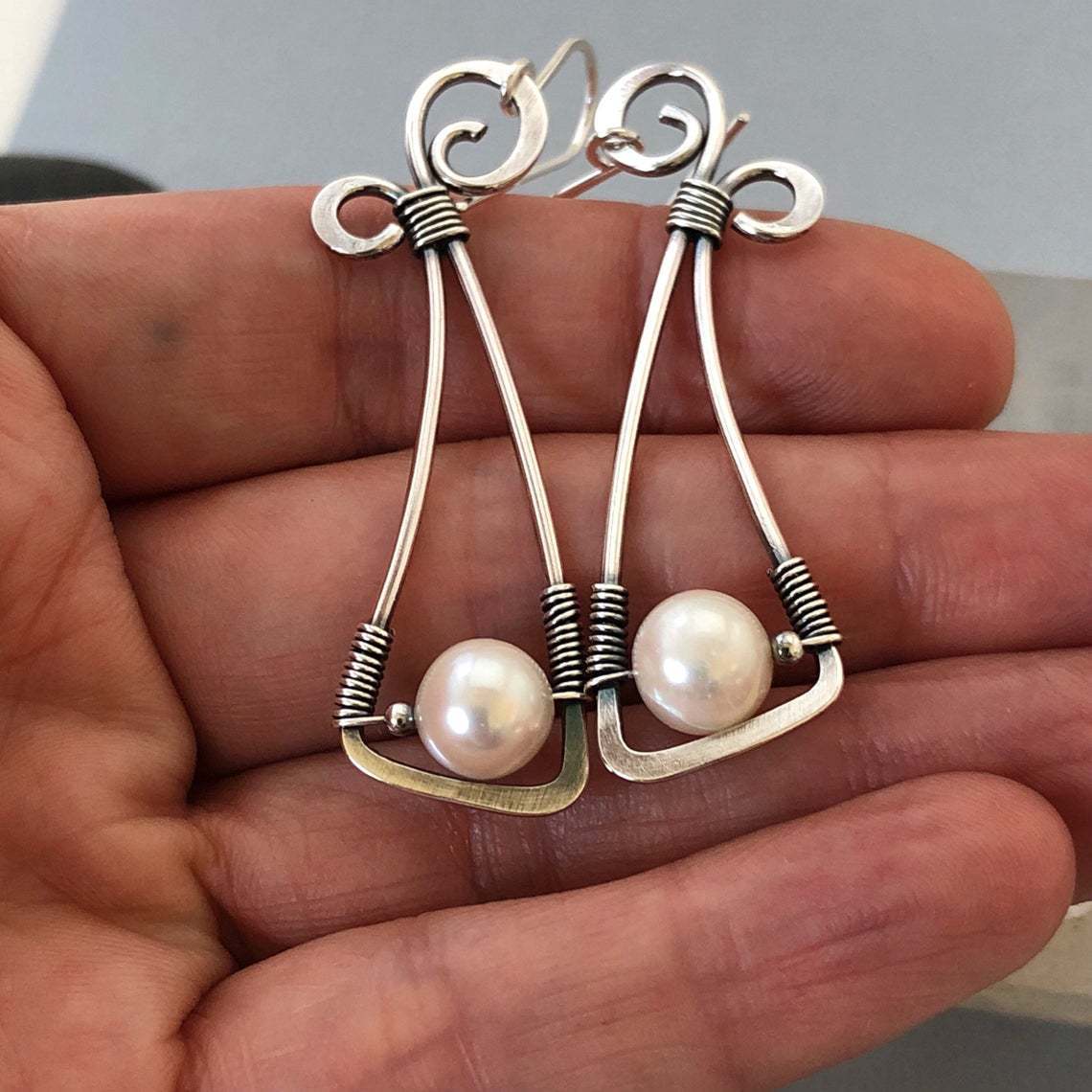 Boho style silver earrings with pearls-canovaniajewelry