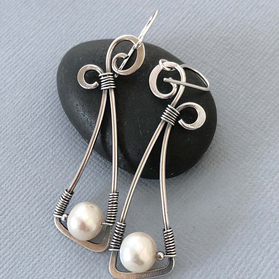 Boho style silver earrings with pearls-canovaniajewelry