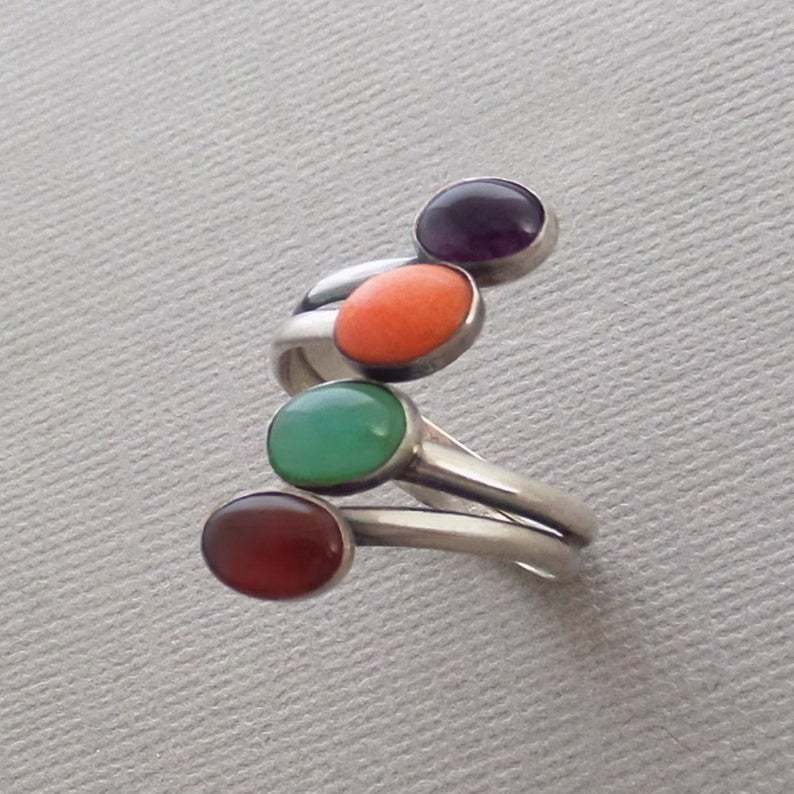 Vintage Thai Silver Wrap Ring Coral Garnet Amethyst Emerald Ring-canovaniajewelry